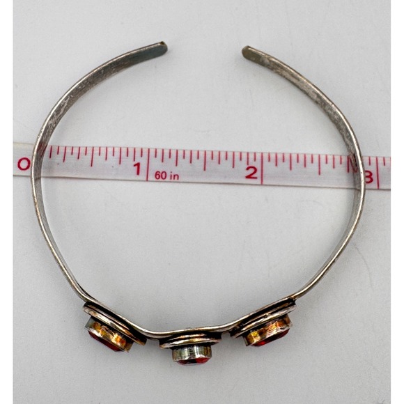 Silver Tone Triple Red Faux Garnet Stone Adjustable Cuff Native Style Bracelet - Picture 7 of 8